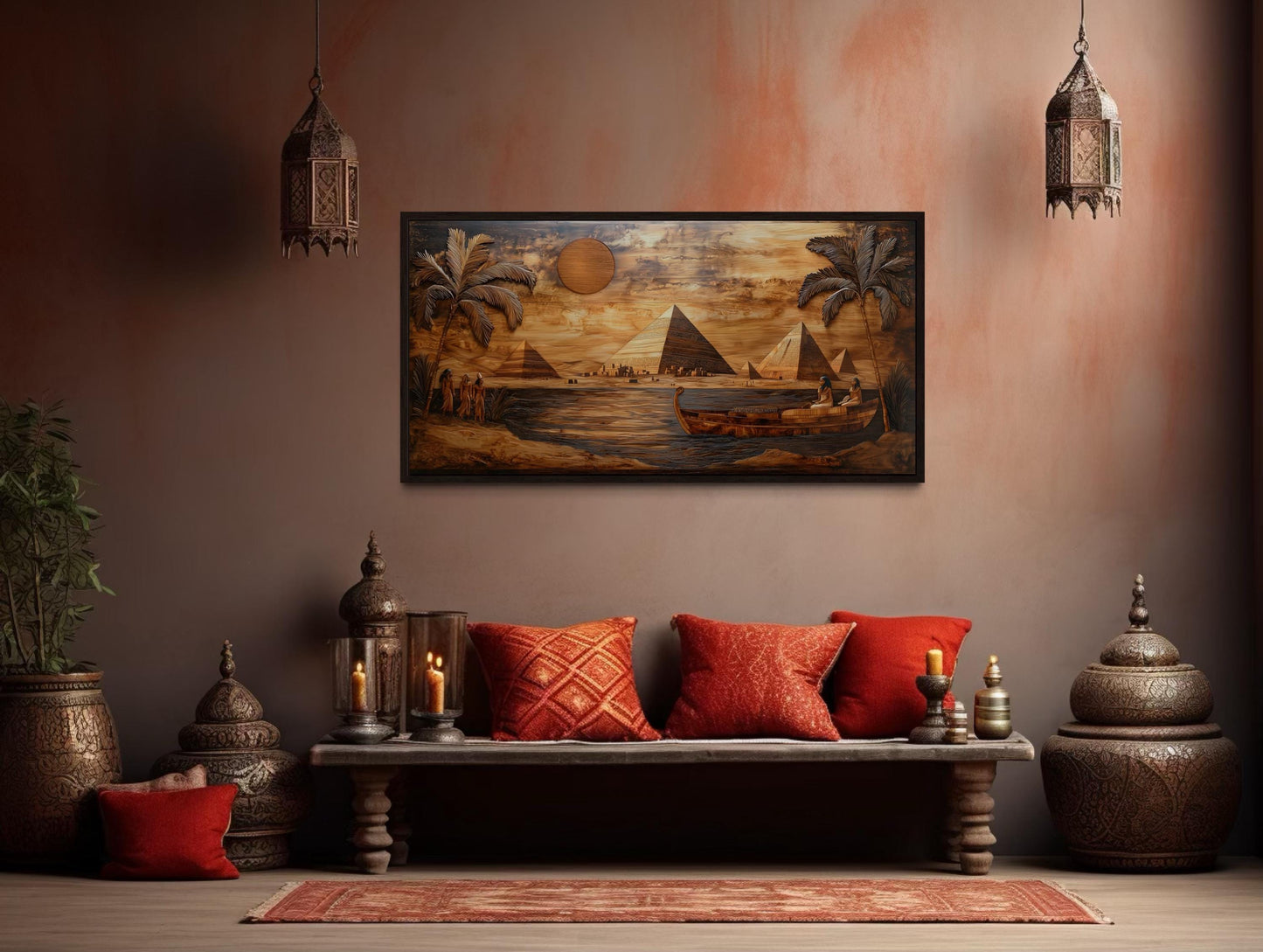 Ancient Egypt Wall Art - Pyramids And Nile River Wood Texture Style Canvas Print