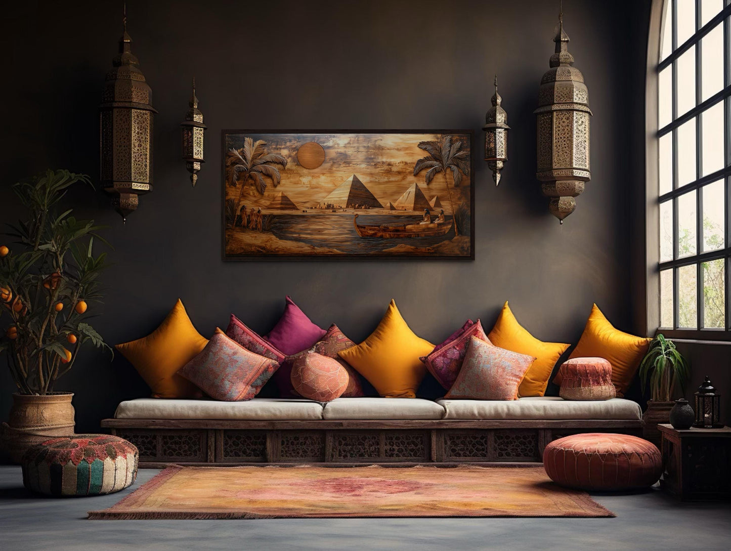 Ancient Egypt Wall Art - Pyramids And Nile River Wood Texture Style Canvas Print