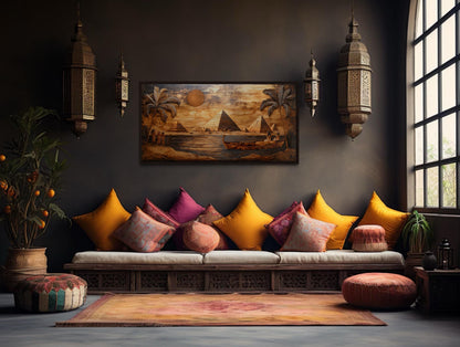 Ancient Egypt Wall Art - Pyramids And Nile River Wood Texture Style Canvas Print