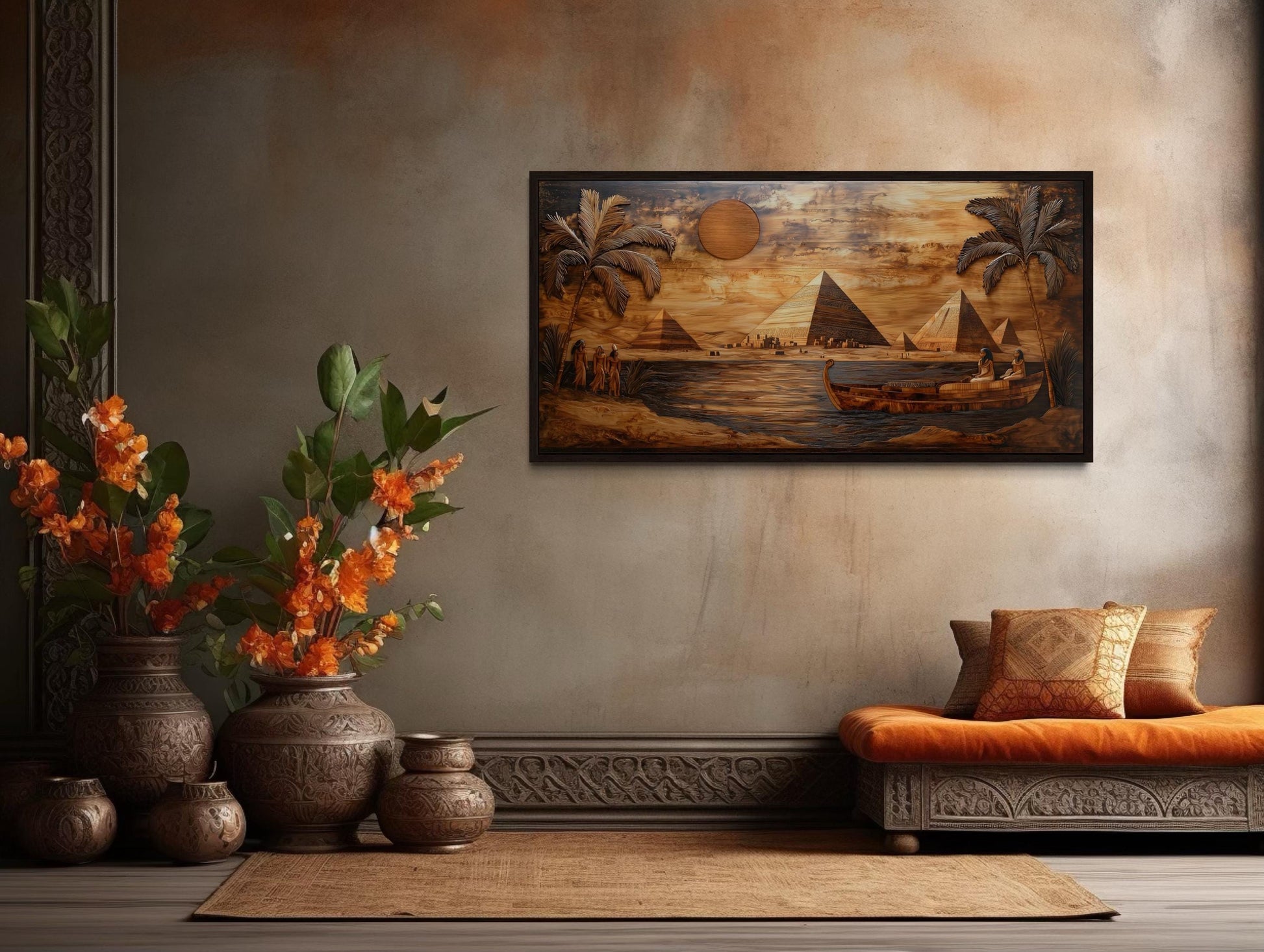 Ancient Egypt Wall Art - Pyramids And Nile River Wood Texture Style Canvas Print