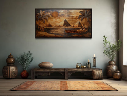 Ancient Egypt Wall Art - Pyramids And Nile River Wood Texture Style Canvas Print