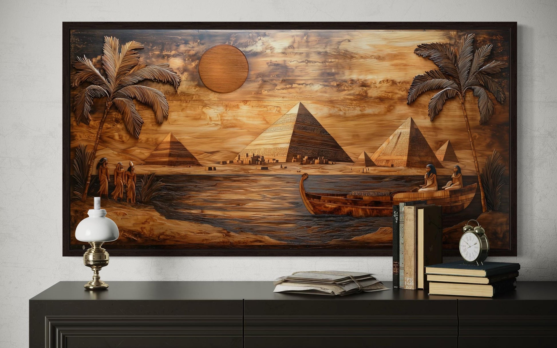Ancient Egypt Wall Art - Pyramids And Nile River Wood Texture Style Canvas Print