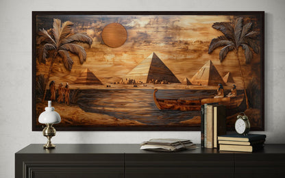 Ancient Egypt Wall Art - Pyramids And Nile River Wood Texture Style Canvas Print