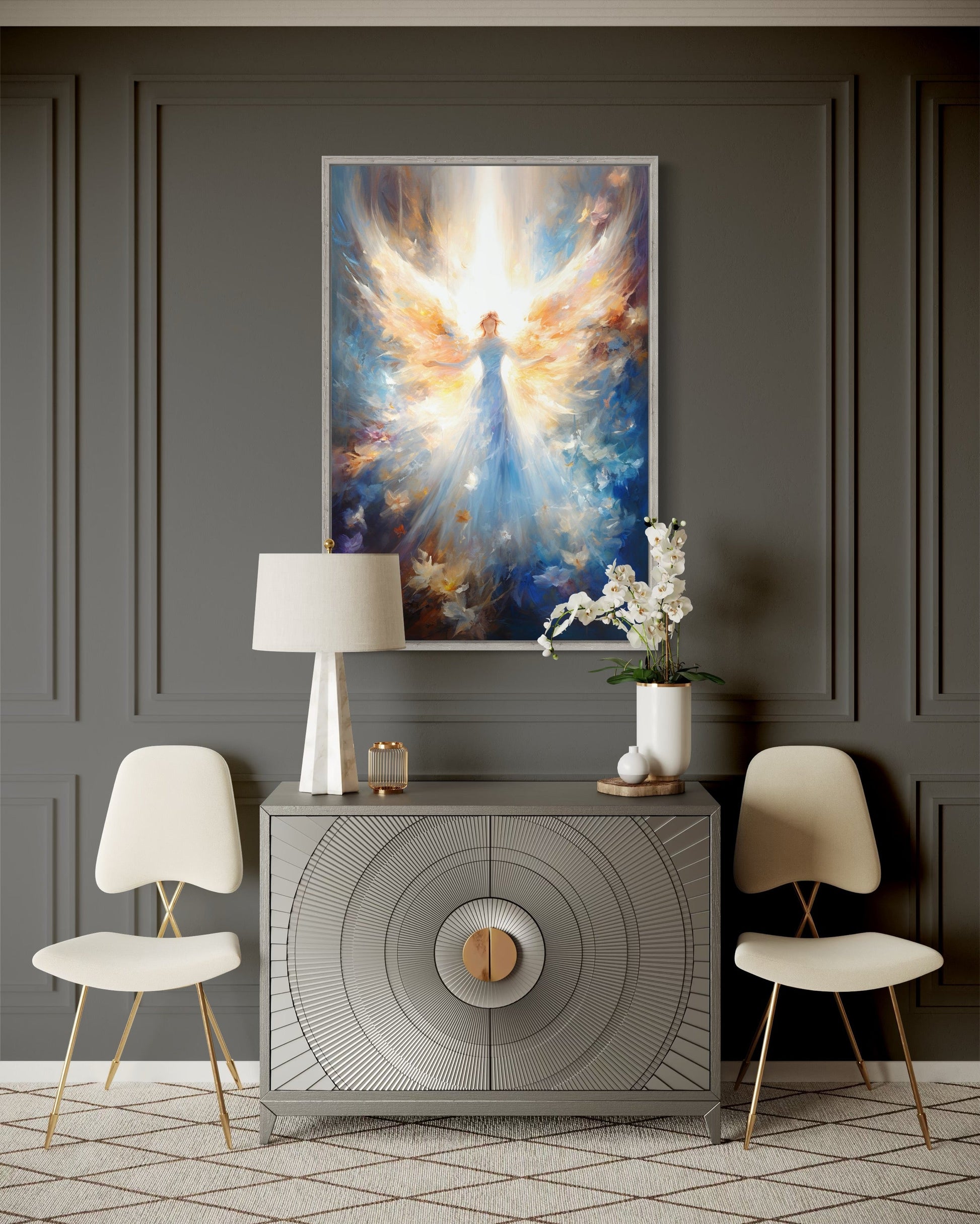 Angel In Blue Heavenly Light Framed Canvas Wall Art