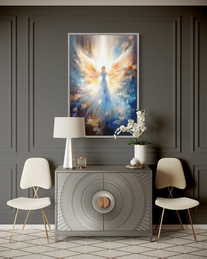 Angel In Blue Heavenly Light Framed Canvas Wall Art