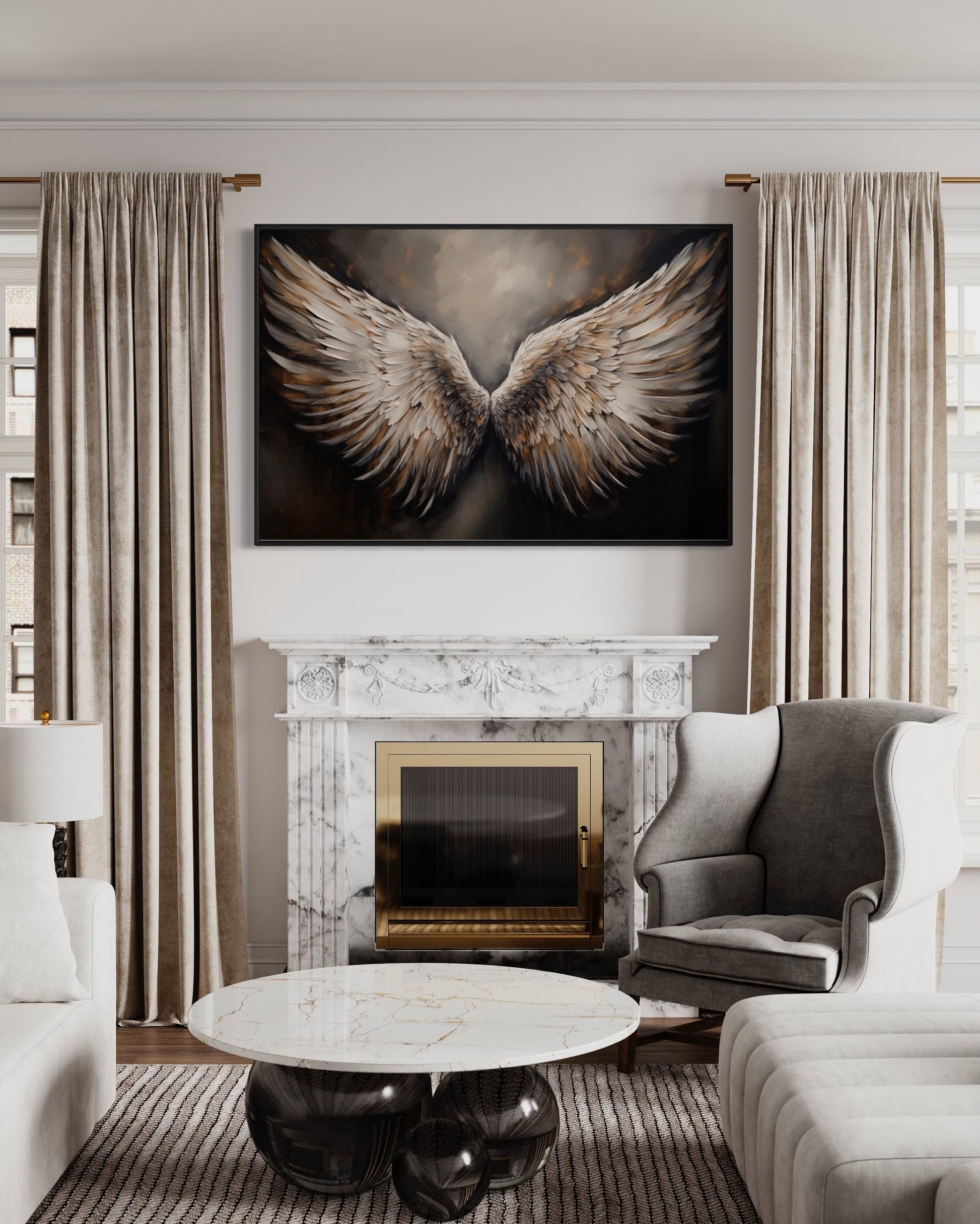 Angel Wings Brown Framed Canvas Wall Art