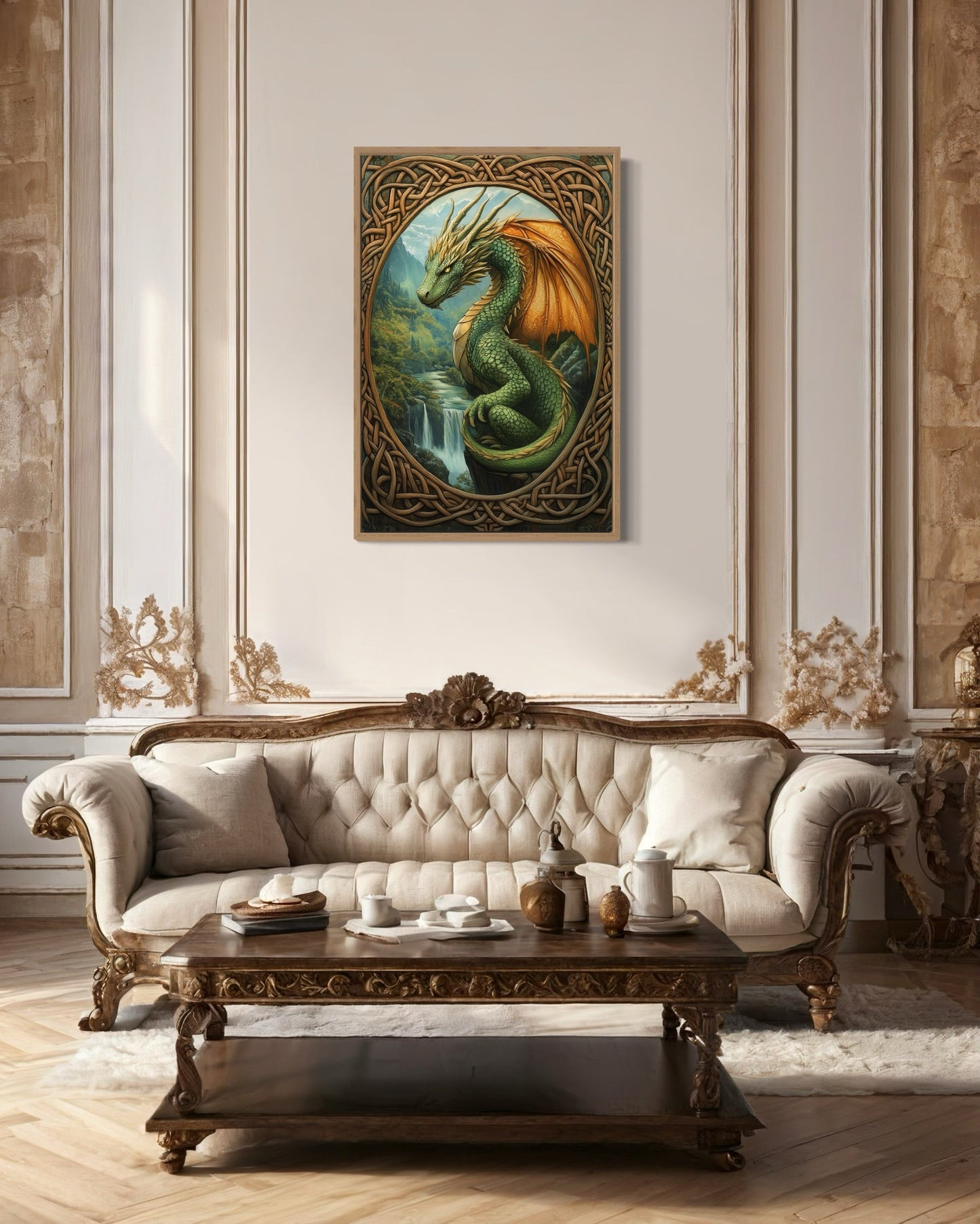 Celtic Dragon Perched Over a Waterfall in a Green Mountain Valley Canvas Wall Art