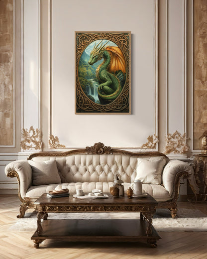 Celtic Dragon Perched Over a Waterfall in a Green Mountain Valley Canvas Wall Art