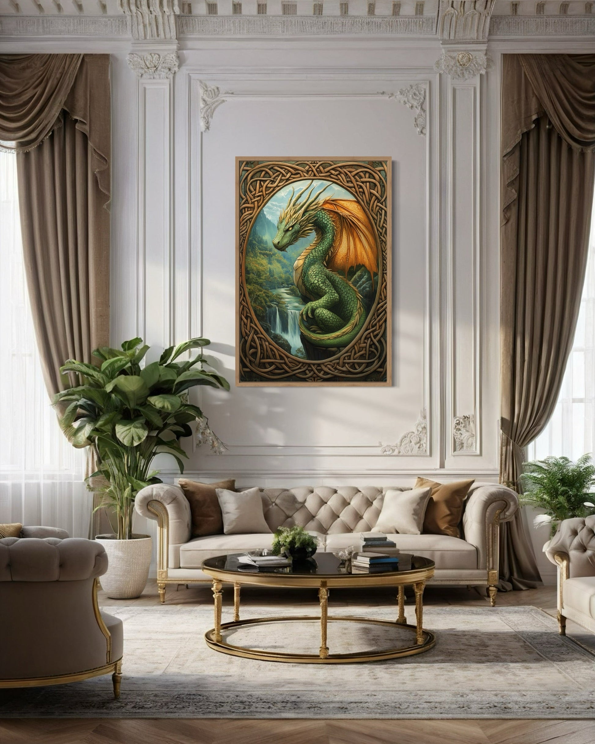 Celtic Dragon Perched Over a Waterfall in a Green Mountain Valley Canvas Wall Art