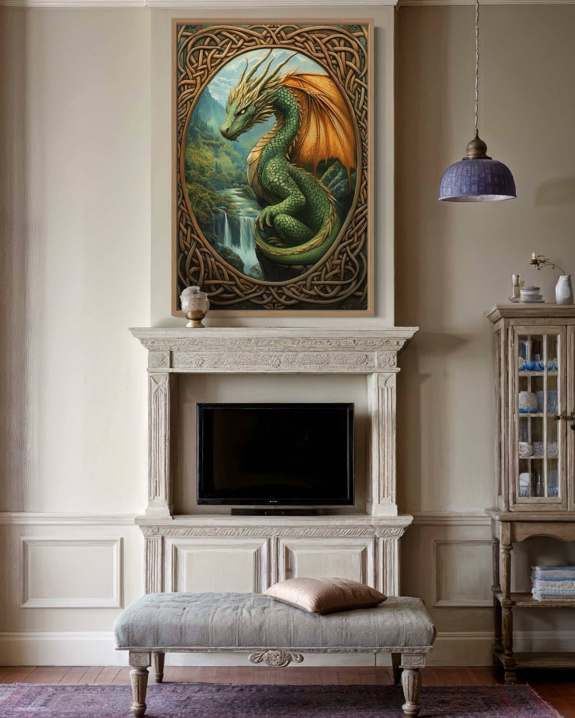 Celtic Dragon Perched Over a Waterfall in a Green Mountain Valley Canvas Wall Art