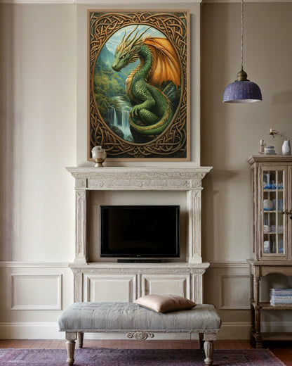 Celtic Dragon Perched Over a Waterfall in a Green Mountain Valley Canvas Wall Art