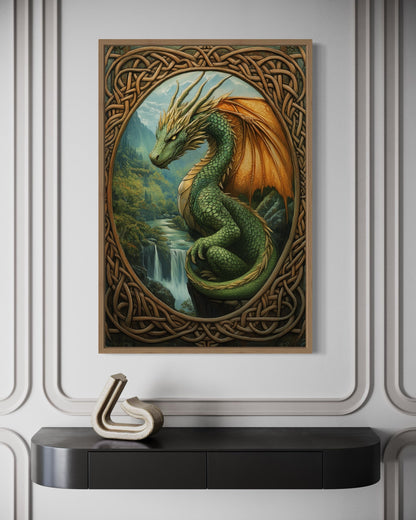 Celtic Dragon Perched Over a Waterfall in a Green Mountain Valley Canvas Wall Art