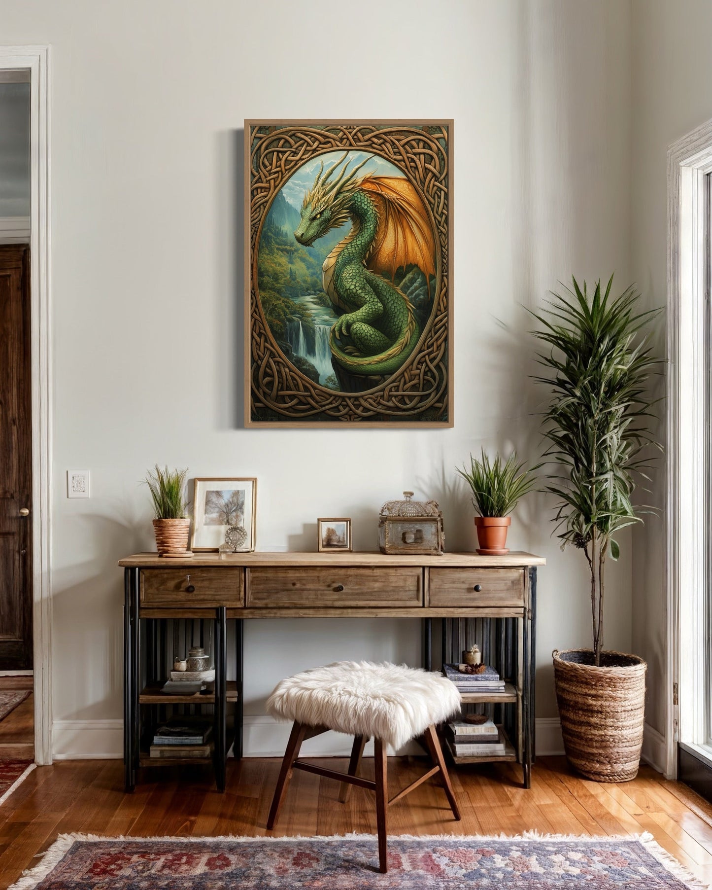 Celtic Dragon Perched Over a Waterfall in a Green Mountain Valley Canvas Wall Art