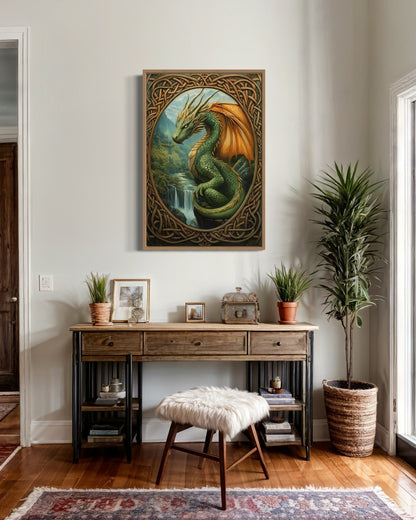 Celtic Dragon Perched Over a Waterfall in a Green Mountain Valley Canvas Wall Art