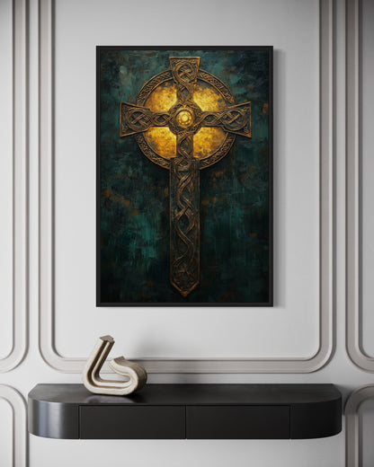 Antique Green Gold Celtic Cross Framed Canvas Wall Art