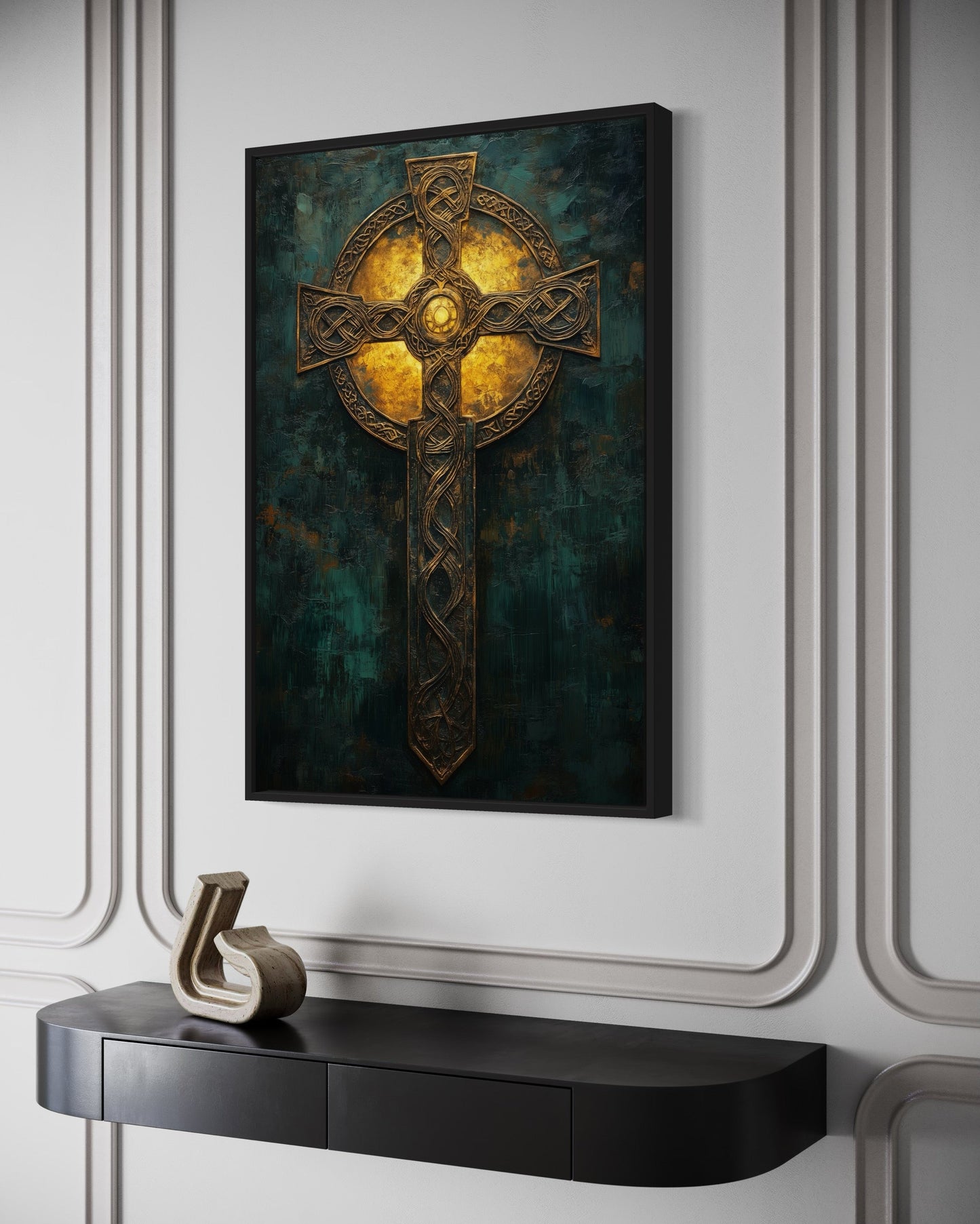 Antique Green Gold Celtic Cross Framed Canvas Wall Art