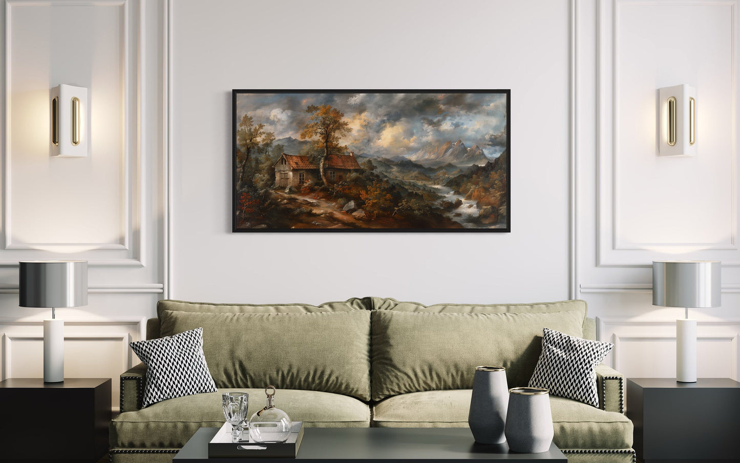 Antique Dark Moody Country Landscape Framed Canvas Wall Art