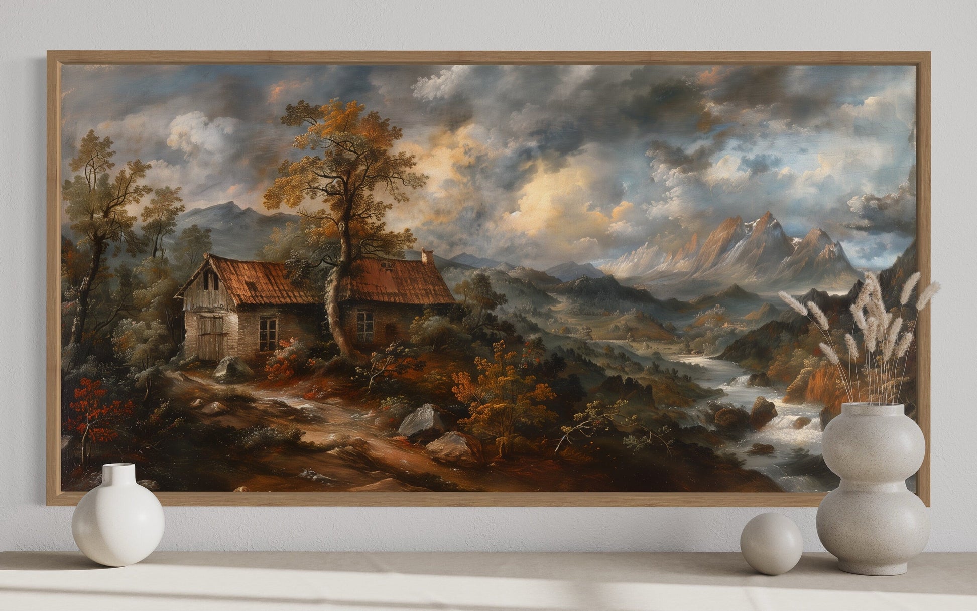 Antique Dark Moody Country Landscape Framed Canvas Wall Art
