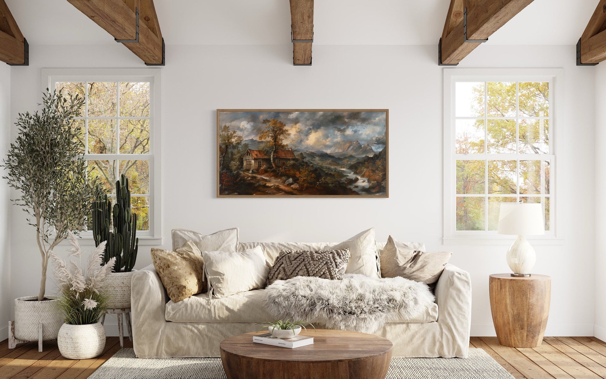 Antique Dark Moody Country Landscape Framed Canvas Wall Art