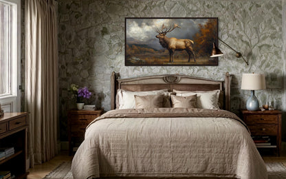 Antique Elk In Autumn Mountains Framed Canvas Wall Art for Cabin Decor