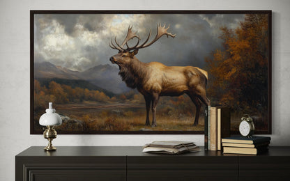 Antique Elk In Autumn Mountains Framed Canvas Wall Art for Cabin Decor