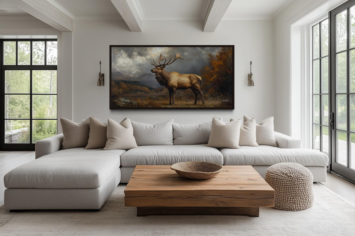 Antique Elk In Autumn Mountains Framed Canvas Wall Art for Cabin Decor