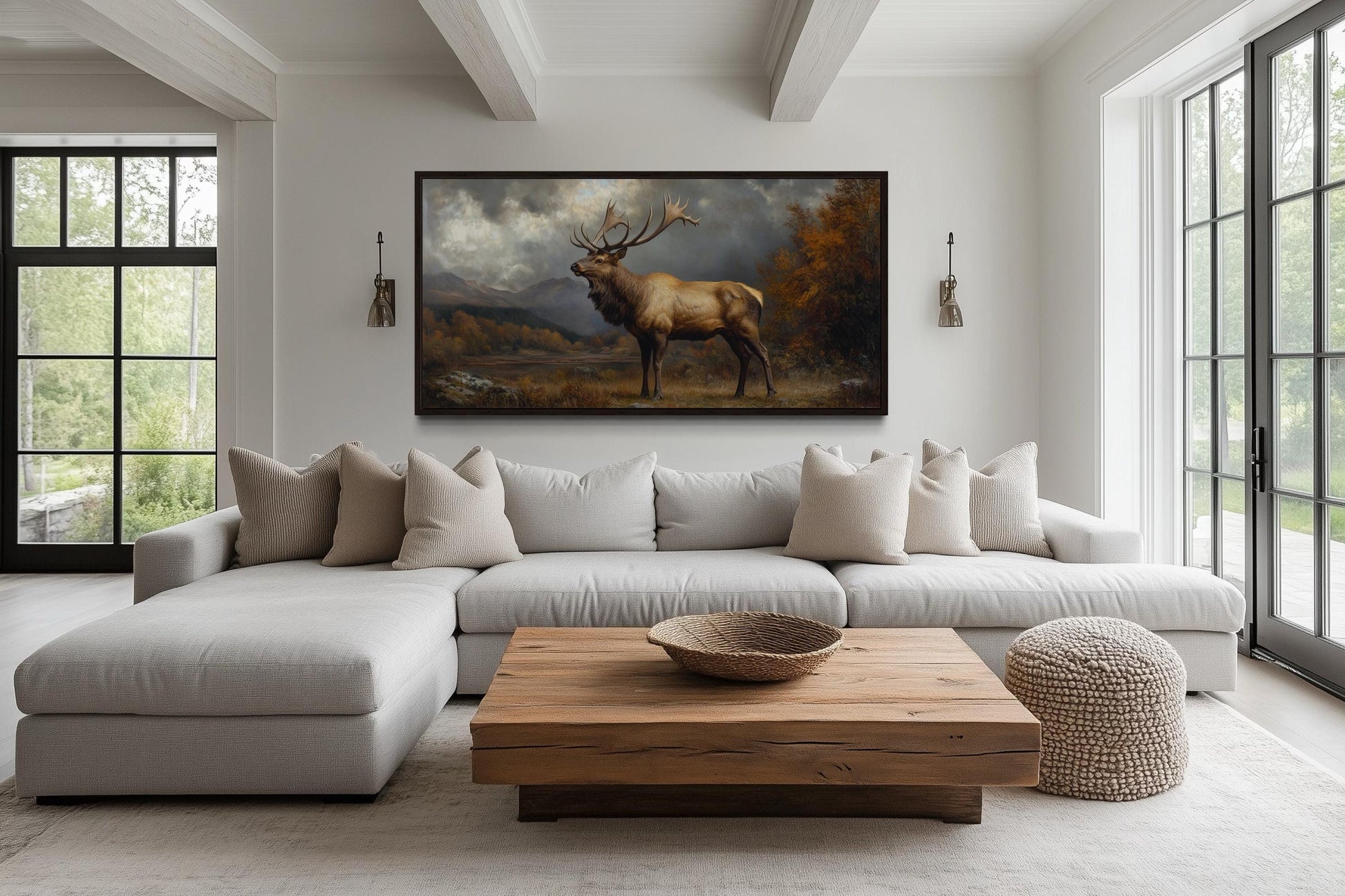 Antique Elk In Autumn Mountains Framed Canvas Wall Art for Cabin Decor