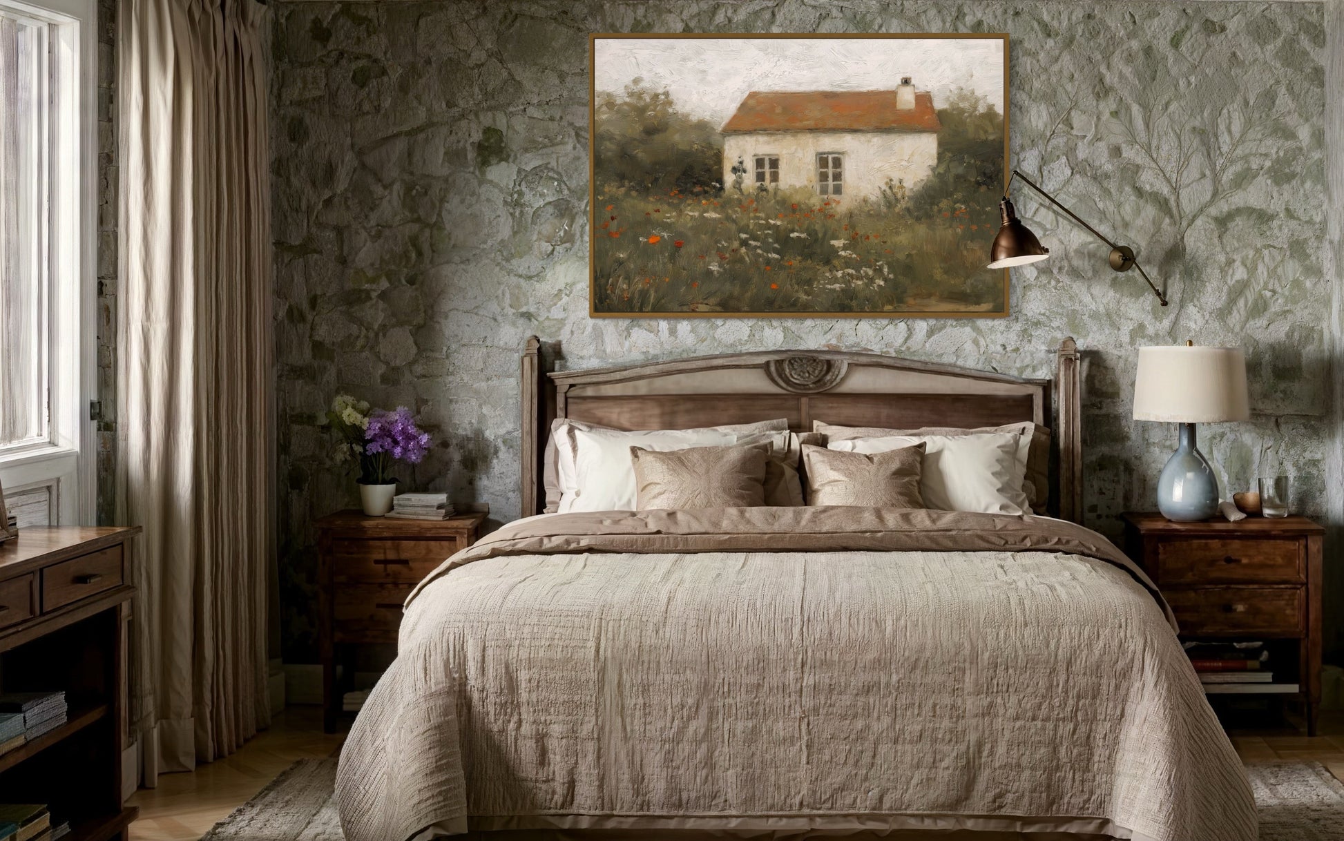 Antique European Floral Cottage Rustic Framed Canvas Wall Art