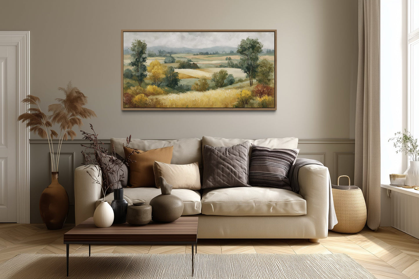 Antique Farm Landscape In Autumn Framed Canvas Wall Art