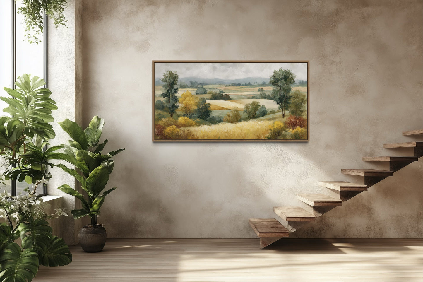 Antique Farm Landscape In Autumn Framed Canvas Wall Art