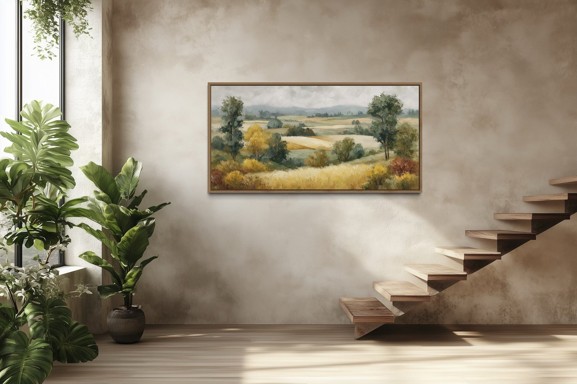 Antique Farm Landscape In Autumn Framed Canvas Wall Art