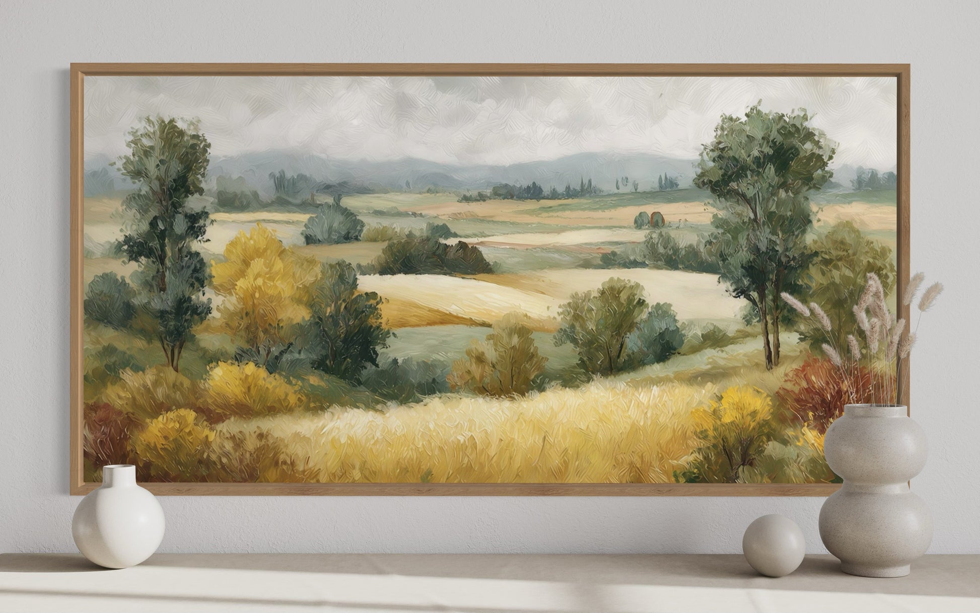 Antique Farm Landscape In Autumn Framed Canvas Wall Art