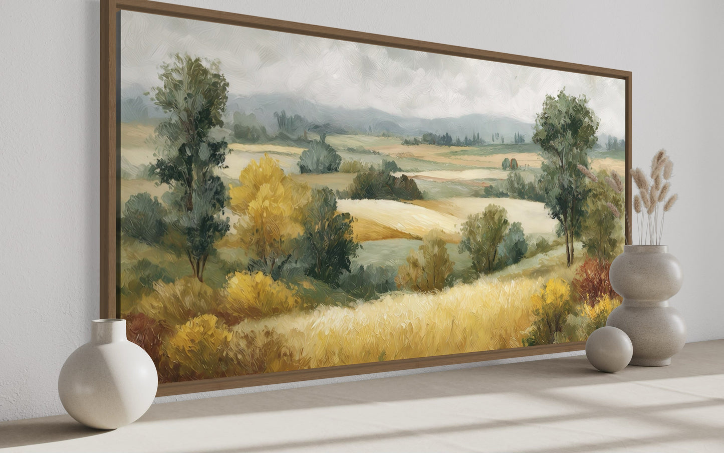 Antique Farm Landscape In Autumn Framed Canvas Wall Art