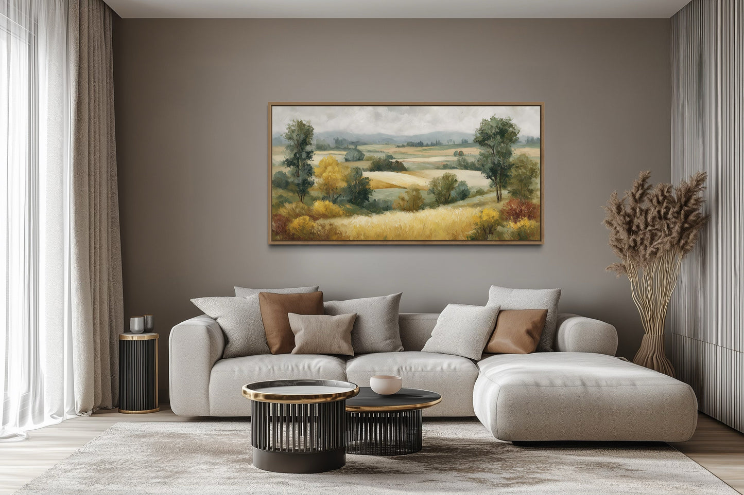 Antique Farm Landscape In Autumn Framed Canvas Wall Art