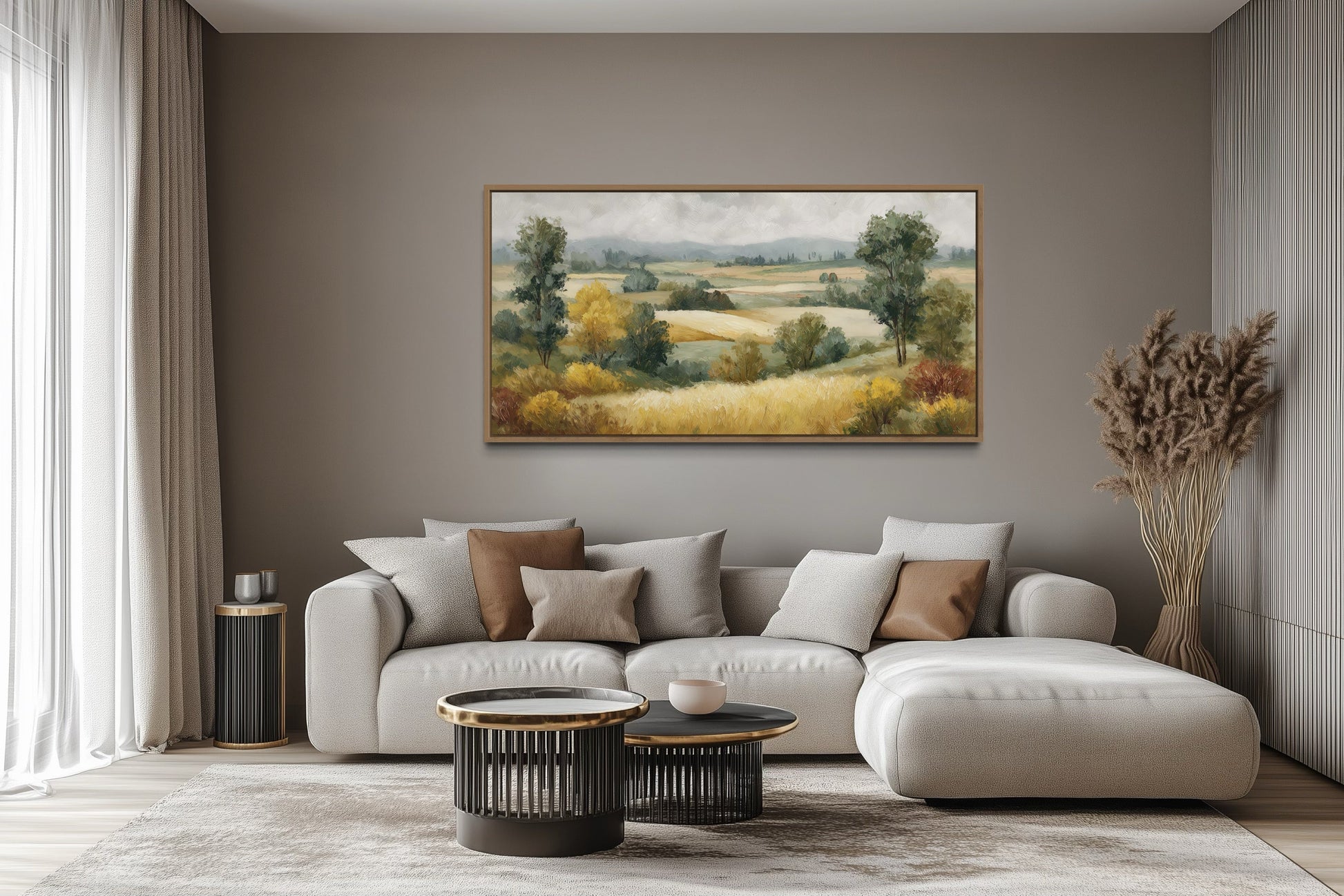 Antique Farm Landscape In Autumn Framed Canvas Wall Art