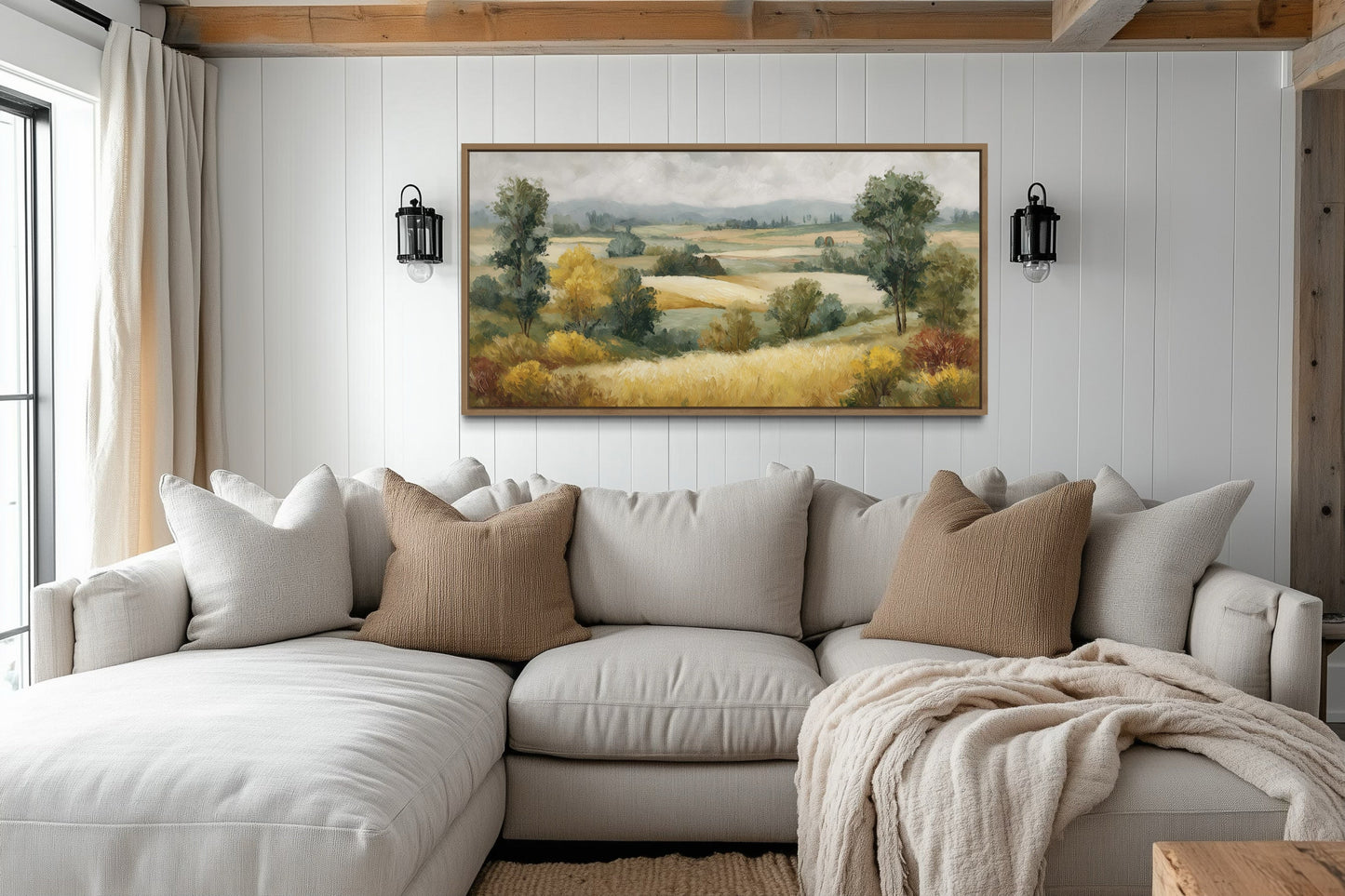 Antique Farm Landscape In Autumn Framed Canvas Wall Art
