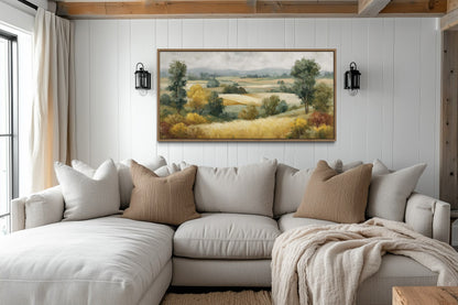 Antique Farm Landscape In Autumn Framed Canvas Wall Art