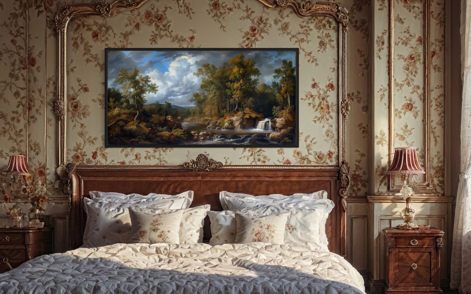 Antique Forest Waterfall Landscape Painting Framed Canvas Wall Art