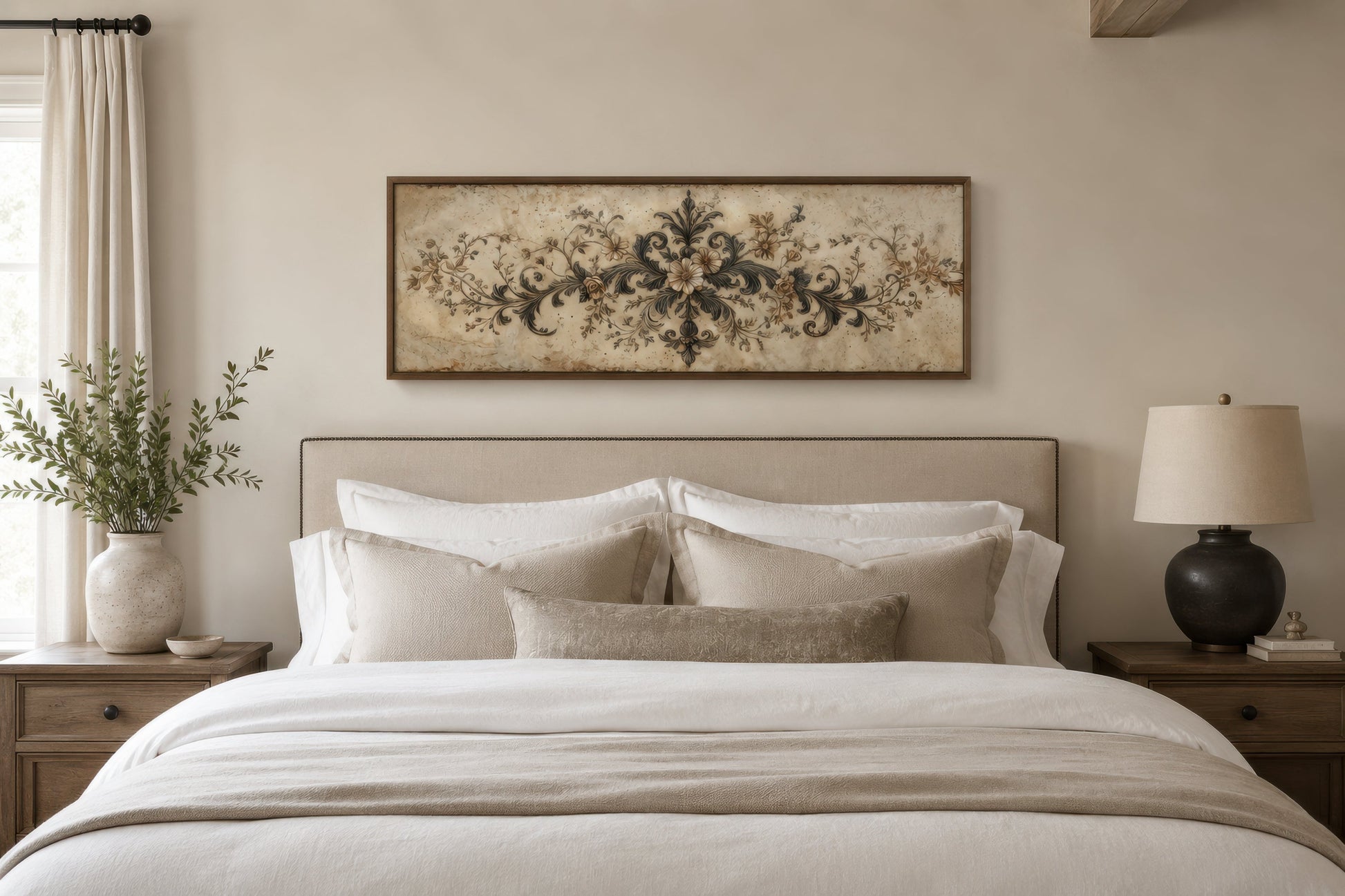 Antique Neutral Long Narrow Damask Canvas Wall Art For Above Bed Decor