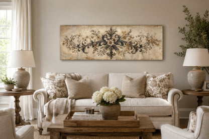 Antique Neutral Long Narrow Damask Canvas Wall Art For Above Bed Decor