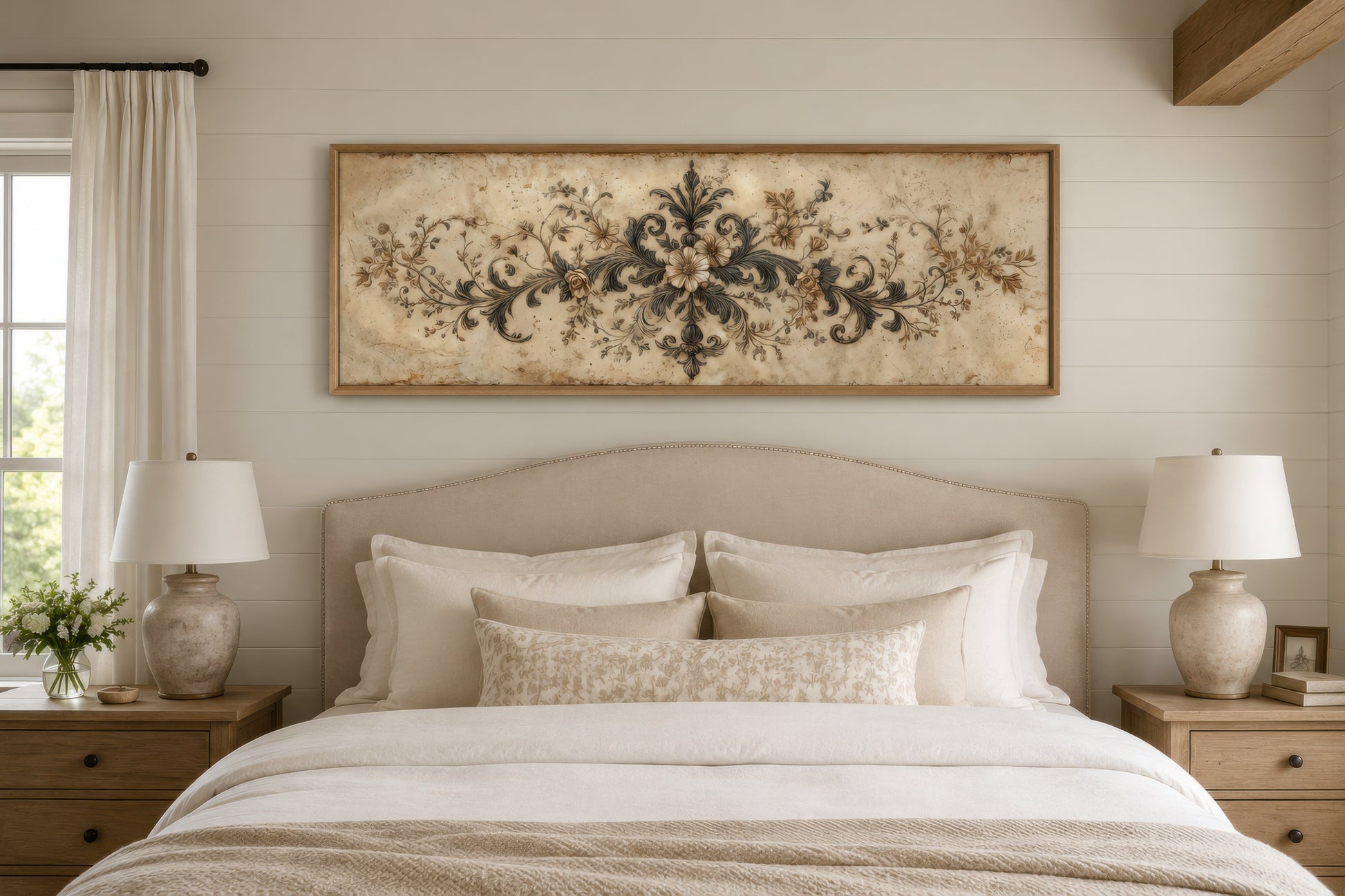 Antique Neutral Long Narrow Damask Canvas Wall Art For Above Bed Decor