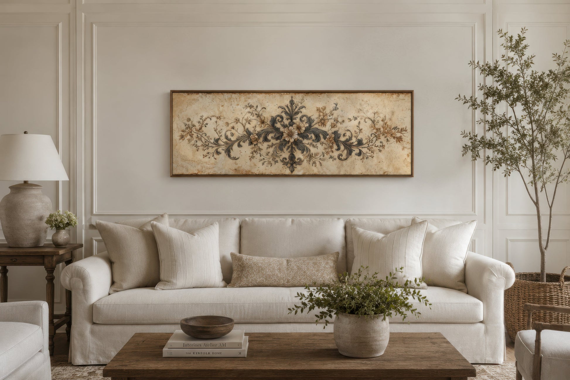 Antique Neutral Long Narrow Damask Canvas Wall Art For Above Bed Decor