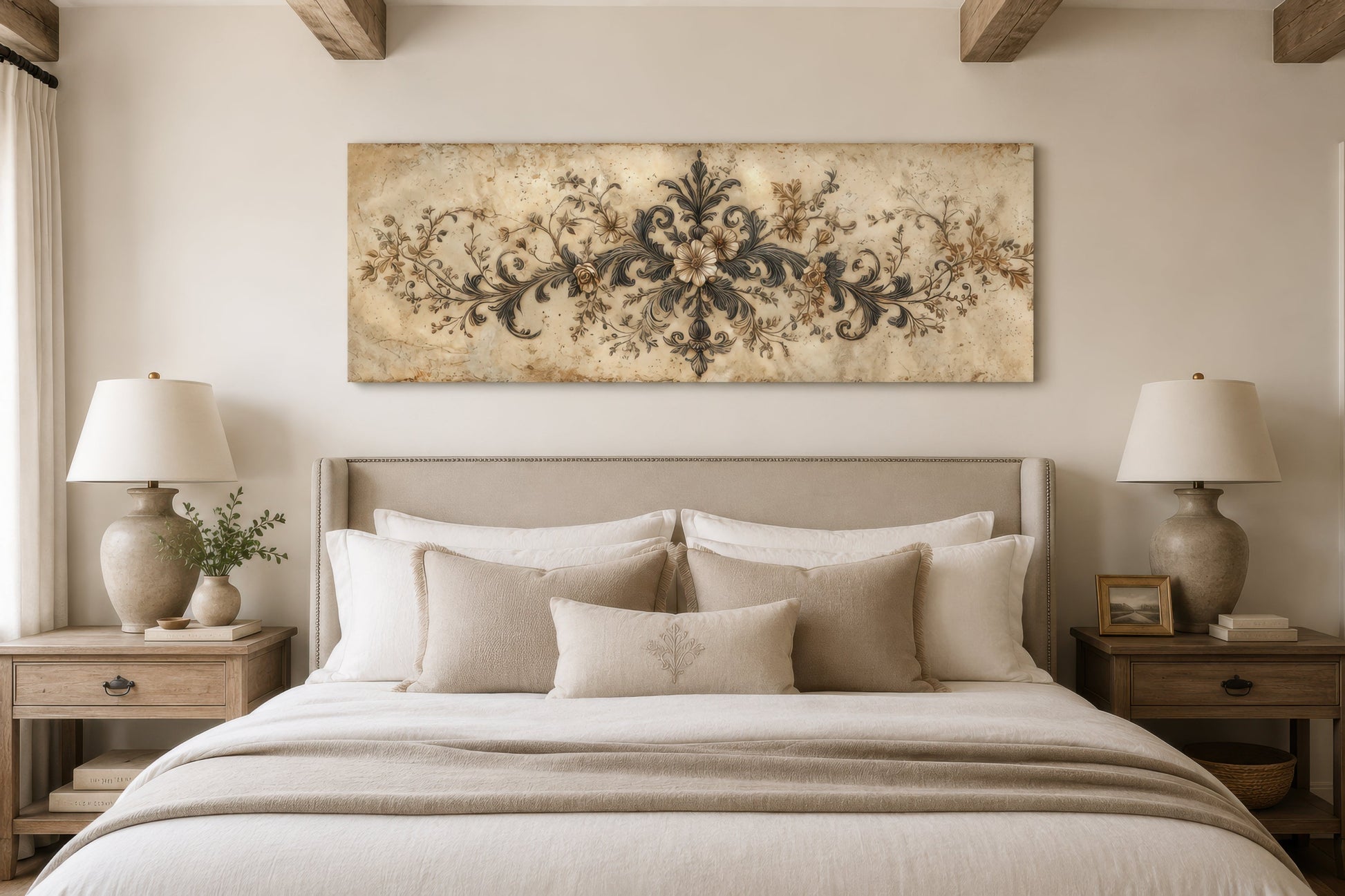 Antique Neutral Long Narrow Damask Canvas Wall Art For Above Bed Decor