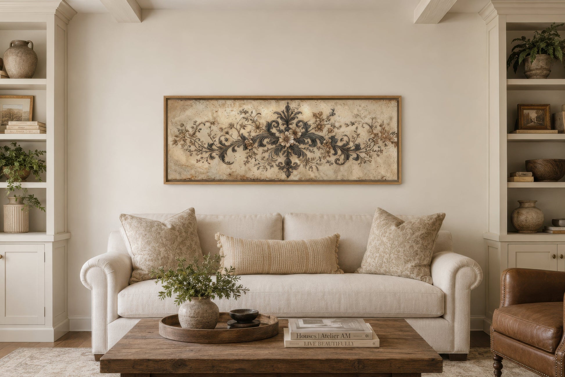 Antique Neutral Long Narrow Damask Canvas Wall Art For Above Bed Decor