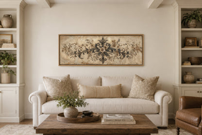 Antique Neutral Long Narrow Damask Canvas Wall Art For Above Bed Decor