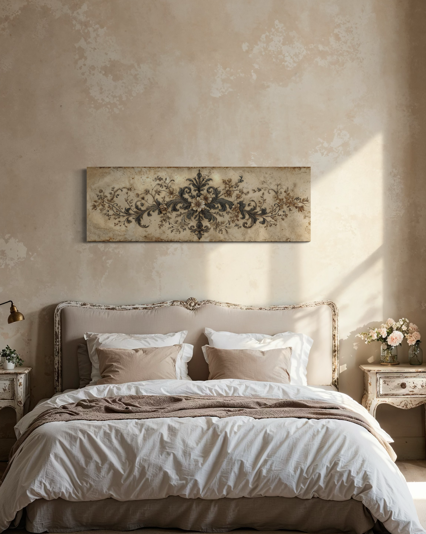 Antique Neutral Long Narrow Damask Canvas Wall Art For Above Bed Decor