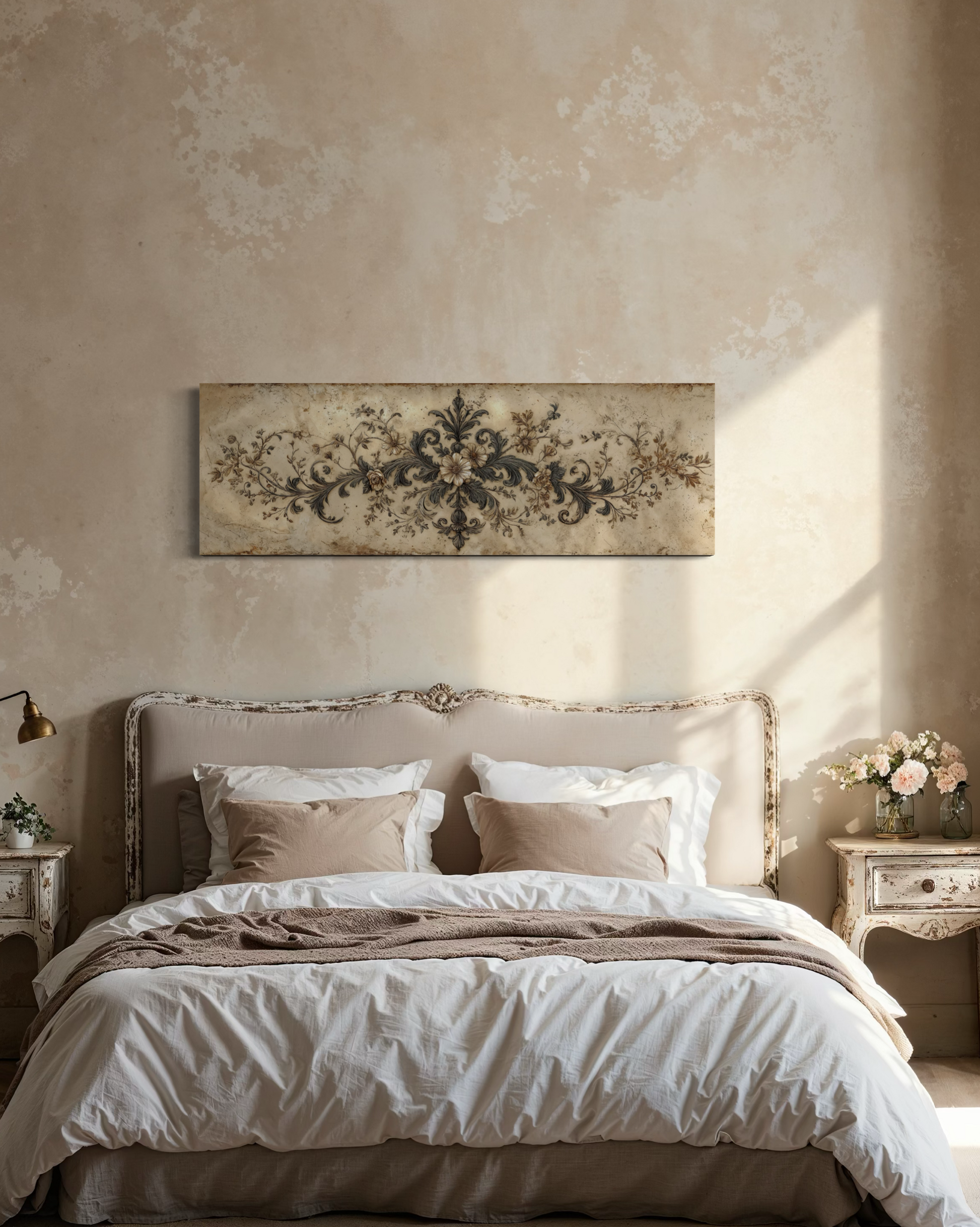 Antique Neutral Long Narrow Damask Canvas Wall Art For Above Bed Decor