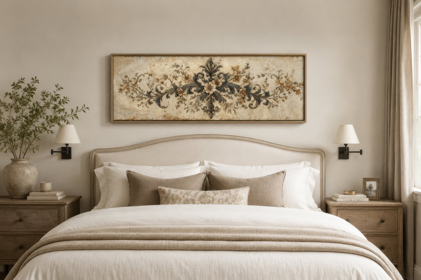 Antique Neutral Long Narrow Damask Canvas Wall Art For Above Bed Decor