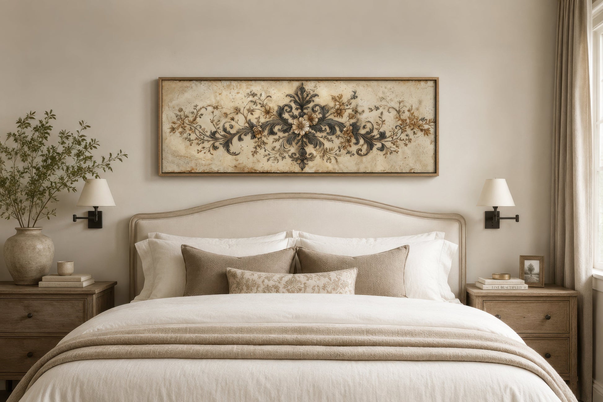 Antique Neutral Long Narrow Damask Canvas Wall Art For Above Bed Decor