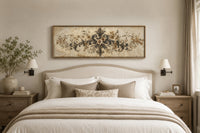 Antique Neutral Long Narrow Damask Canvas Wall Art For Above Bed Decor